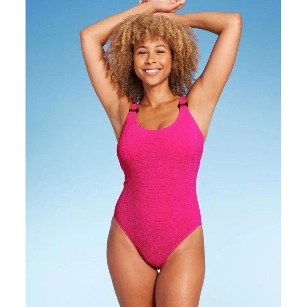 NWT Shade & Shore Square Neck Pucker Textured High Leg One Piece Swimsuit